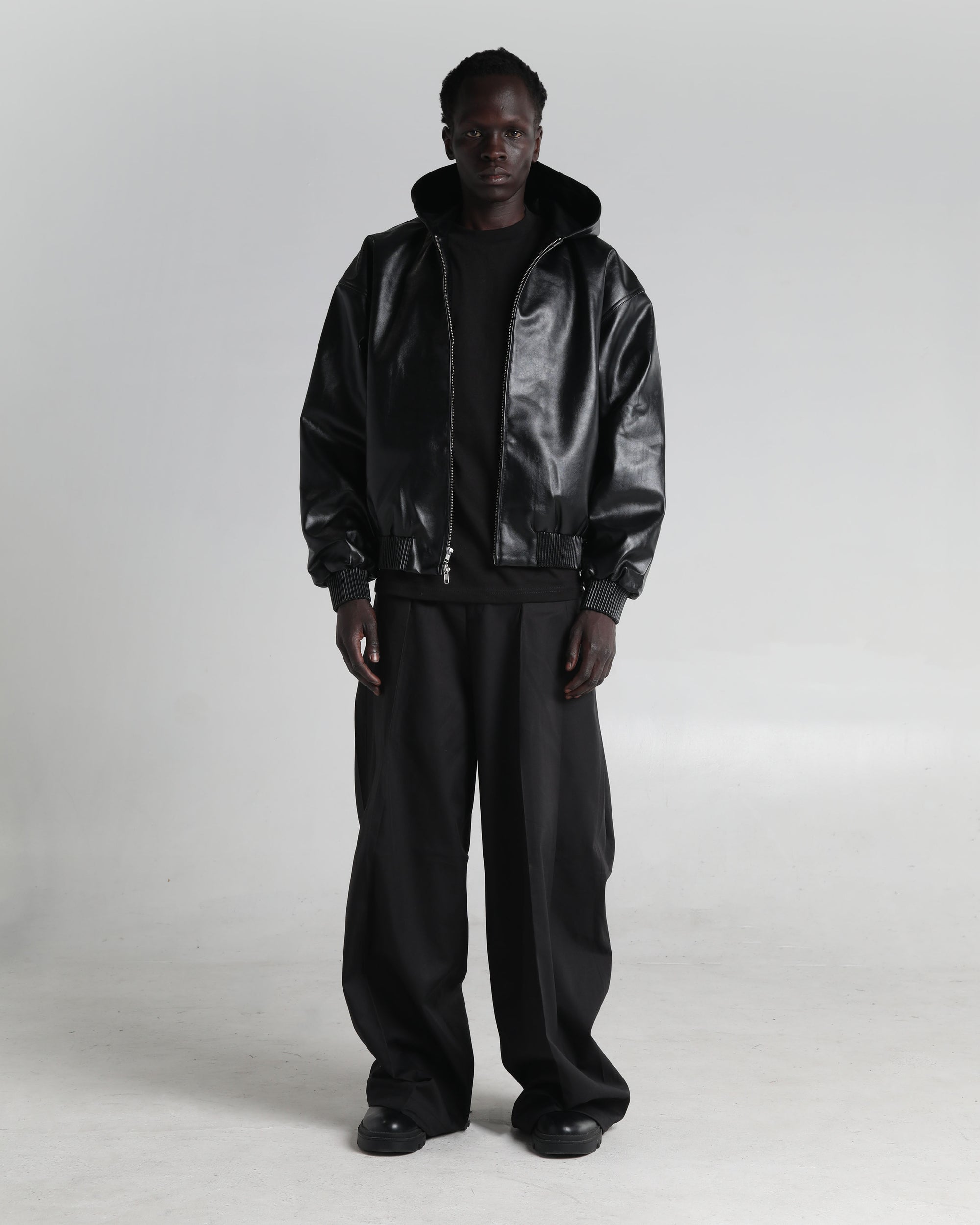 Hooded Faux Leather Bomber