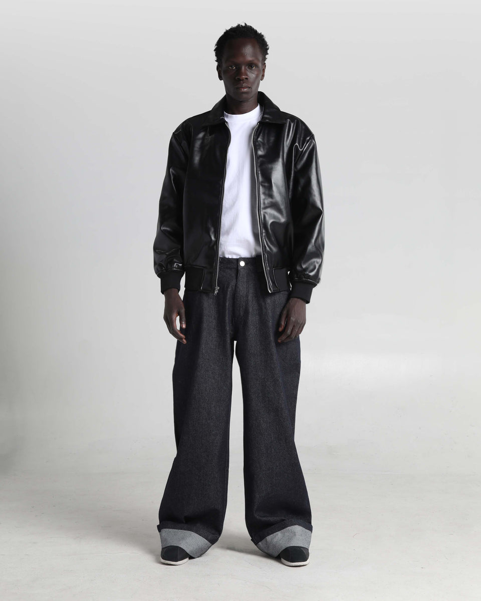 PU Leather Collared Varsity Jacket