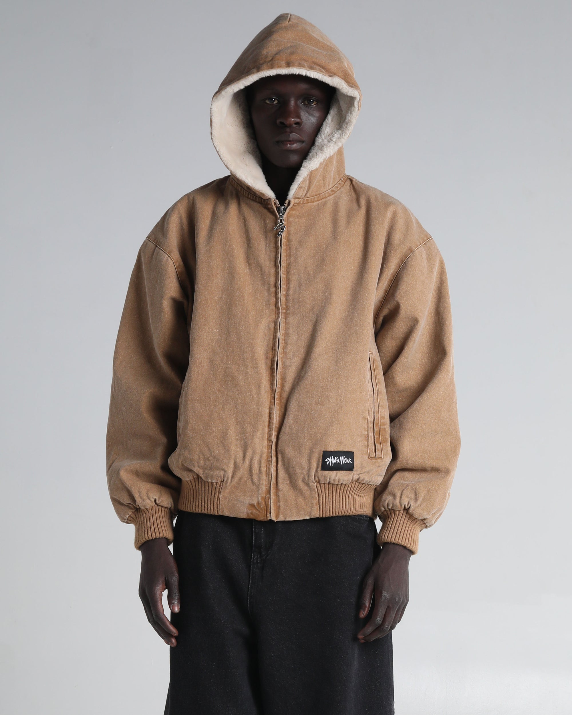 Aged Canvas Hoodie with Fur