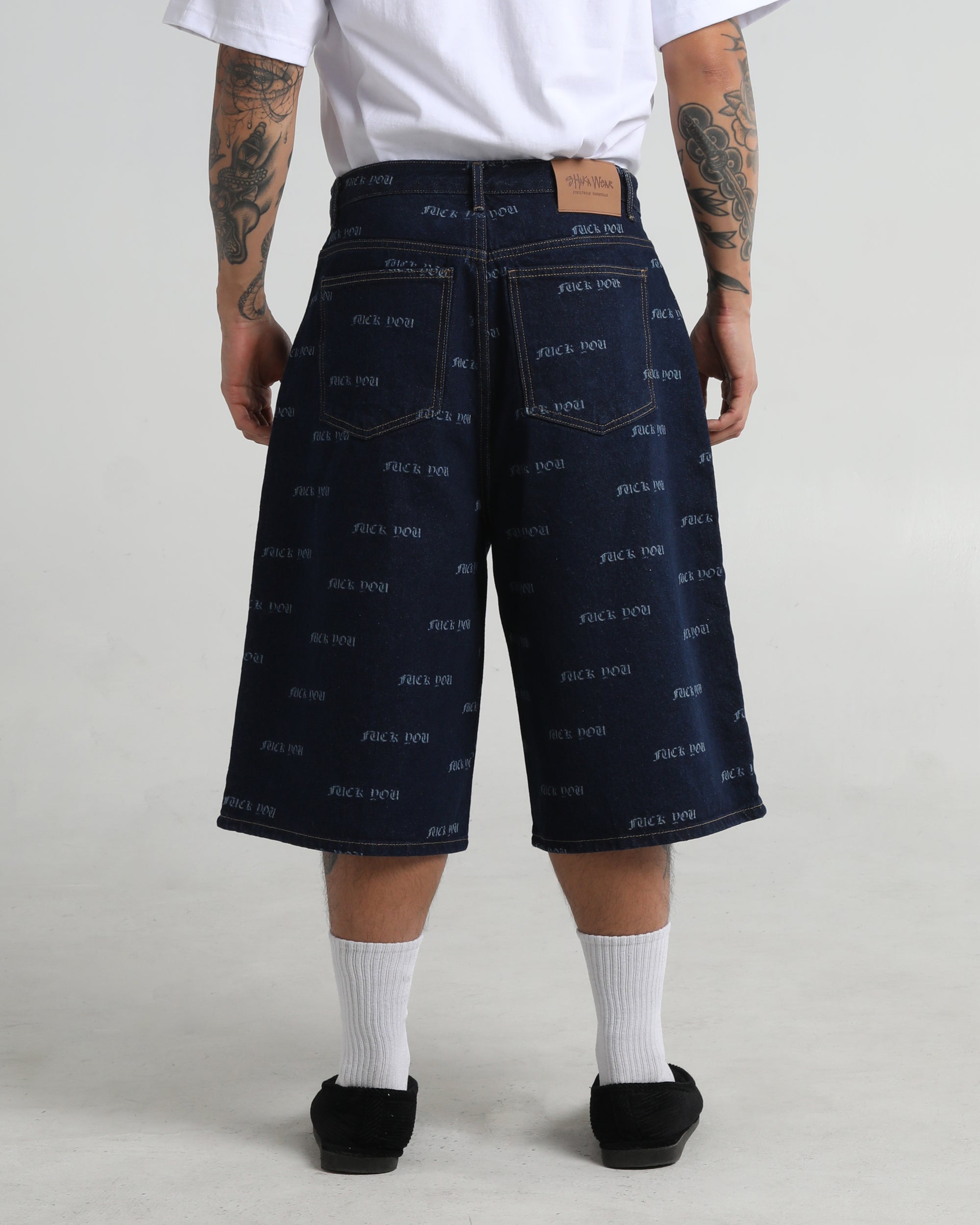 Lasered Fuck You Denim Shorts