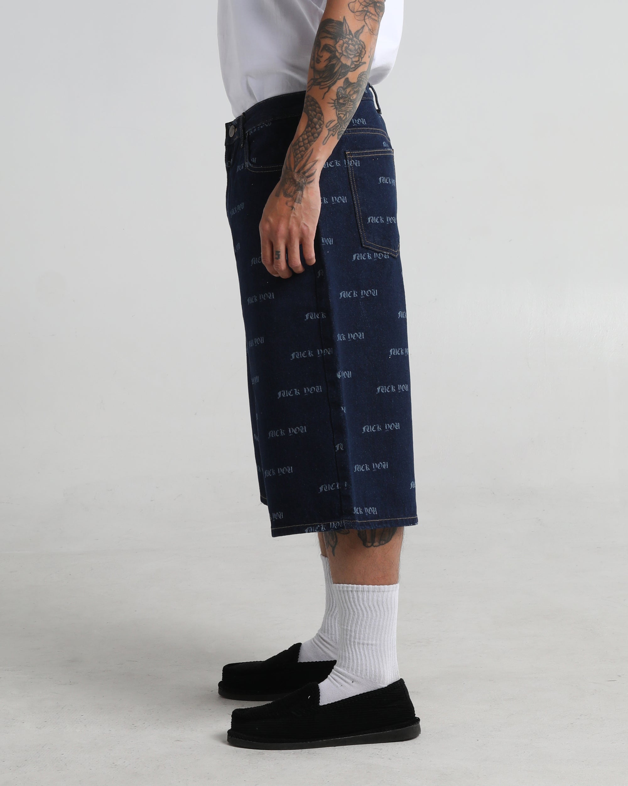 Lasered Fuck You Denim Shorts