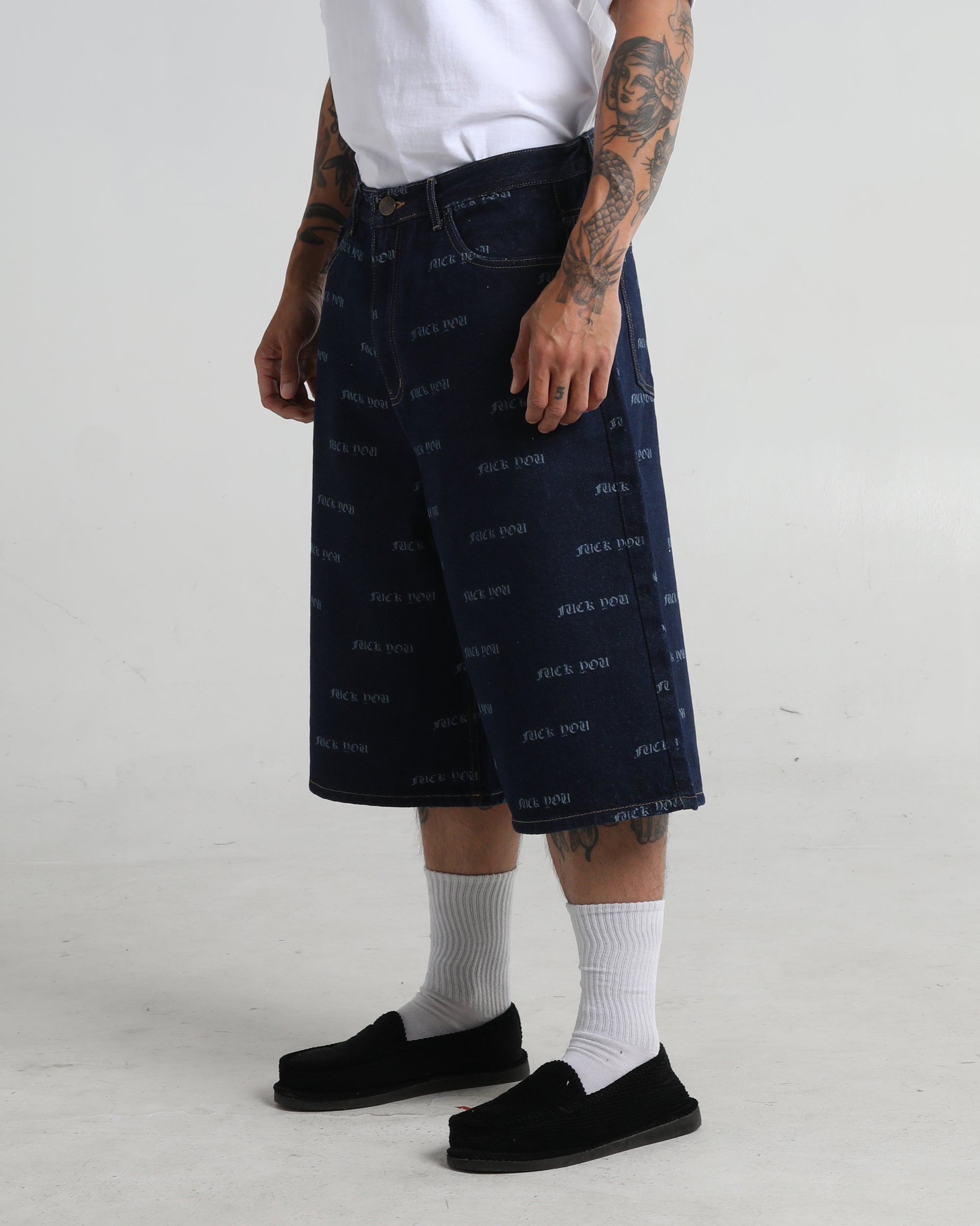 Lasered Fuck You Denim Shorts