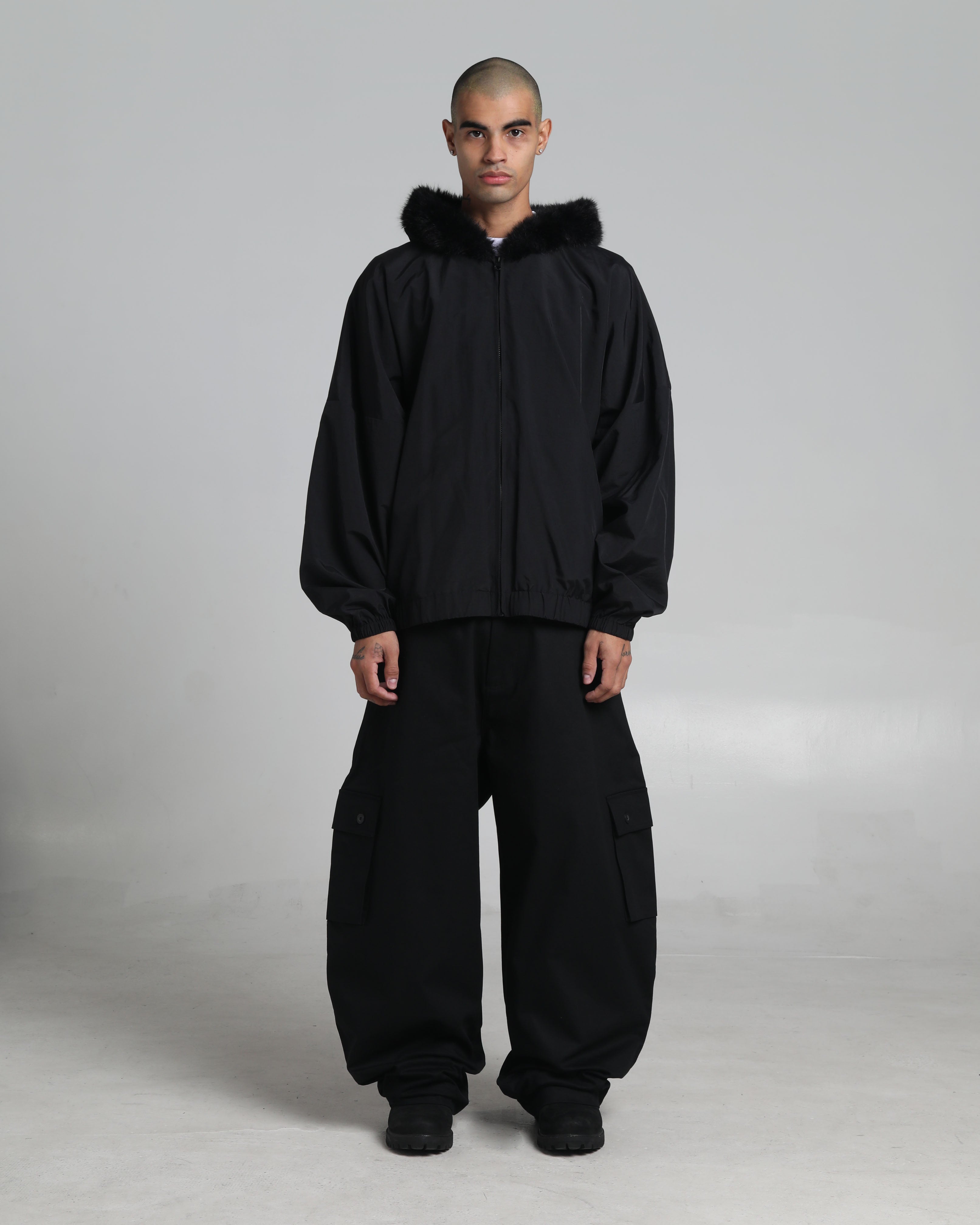 Fur Hooded Nylon Track Jacket