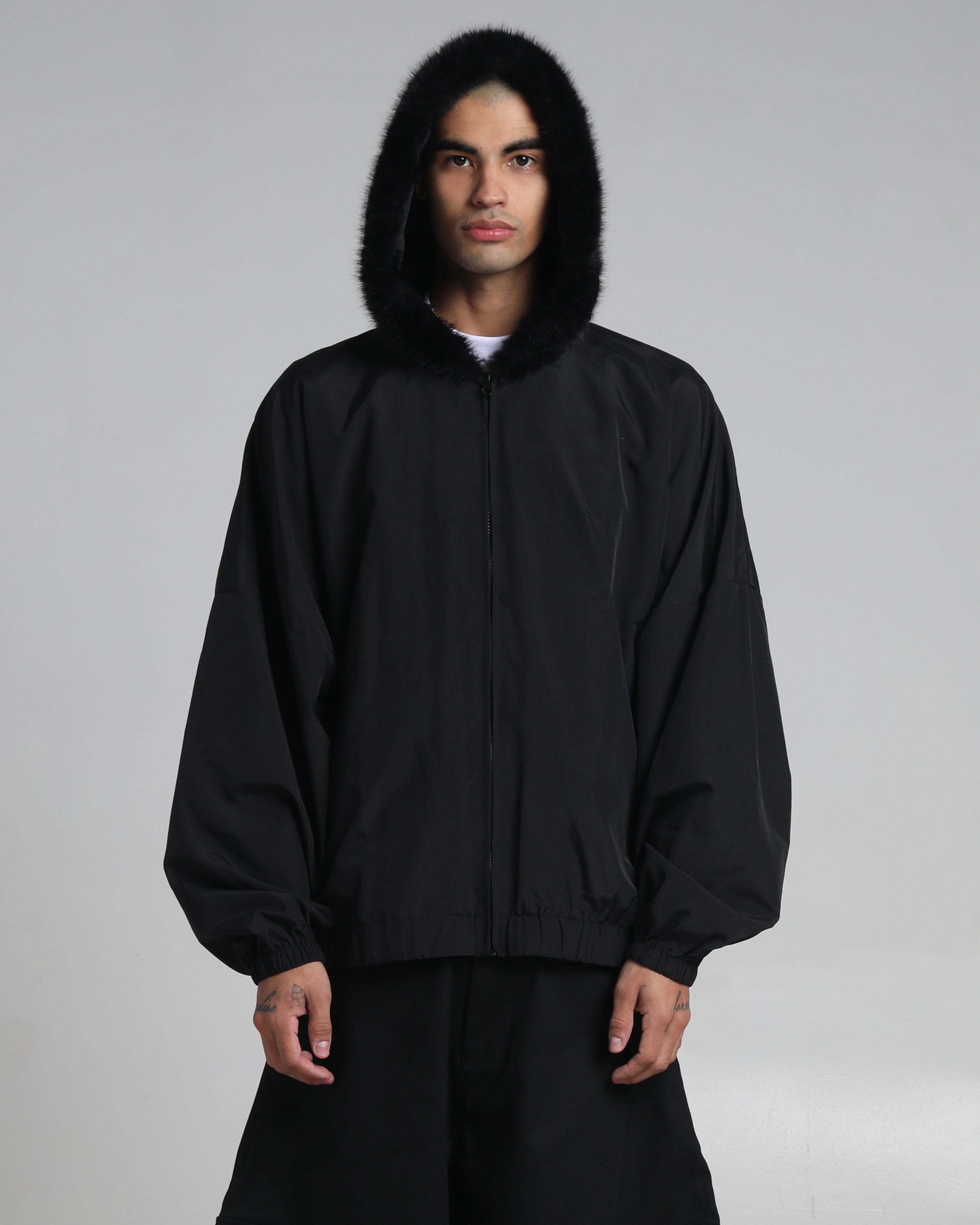 Fur Hooded Nylon Track Jacket