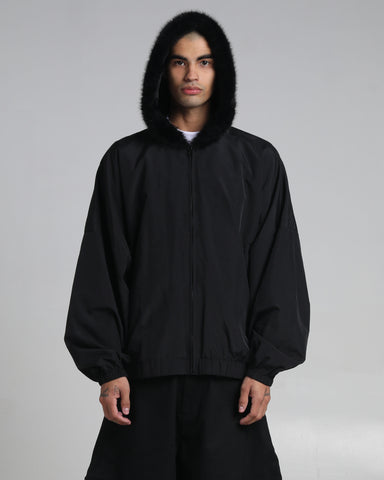 Fur Hooded Nylon Track Jacket