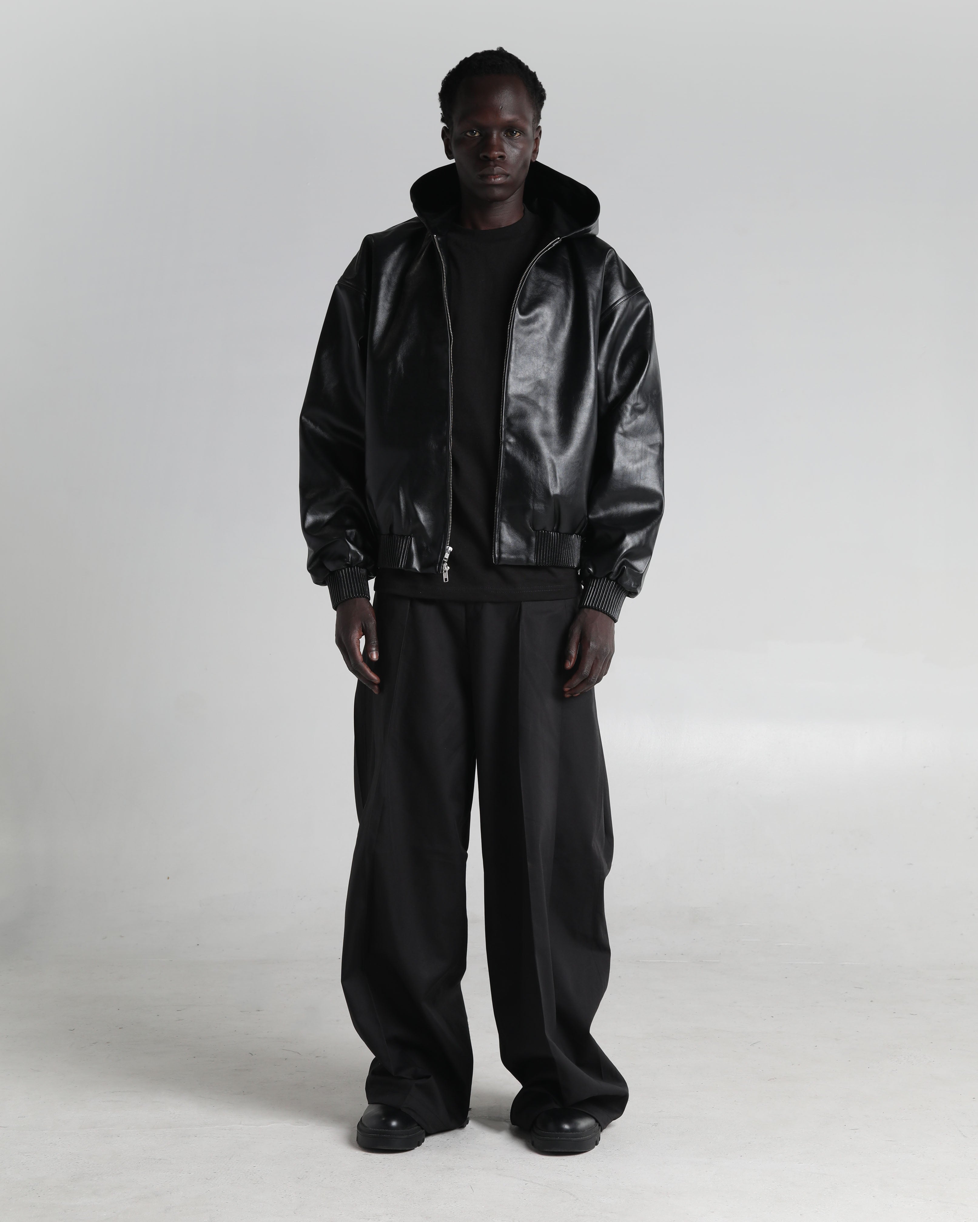 Hooded Faux Leather Bomber