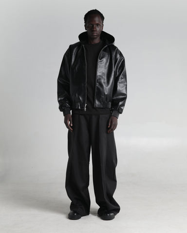 Hooded Faux Leather Bomber