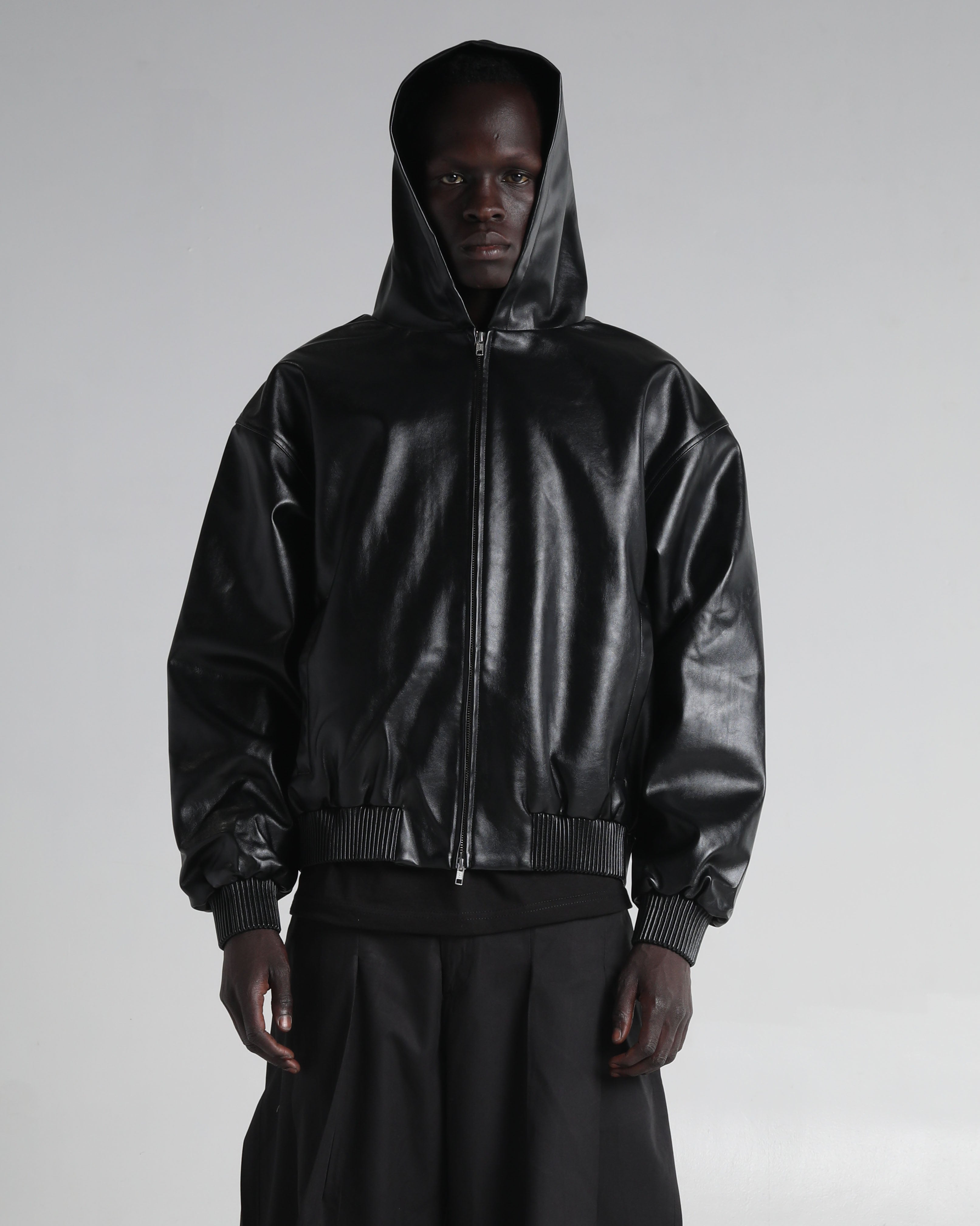 Hooded Faux Leather Bomber