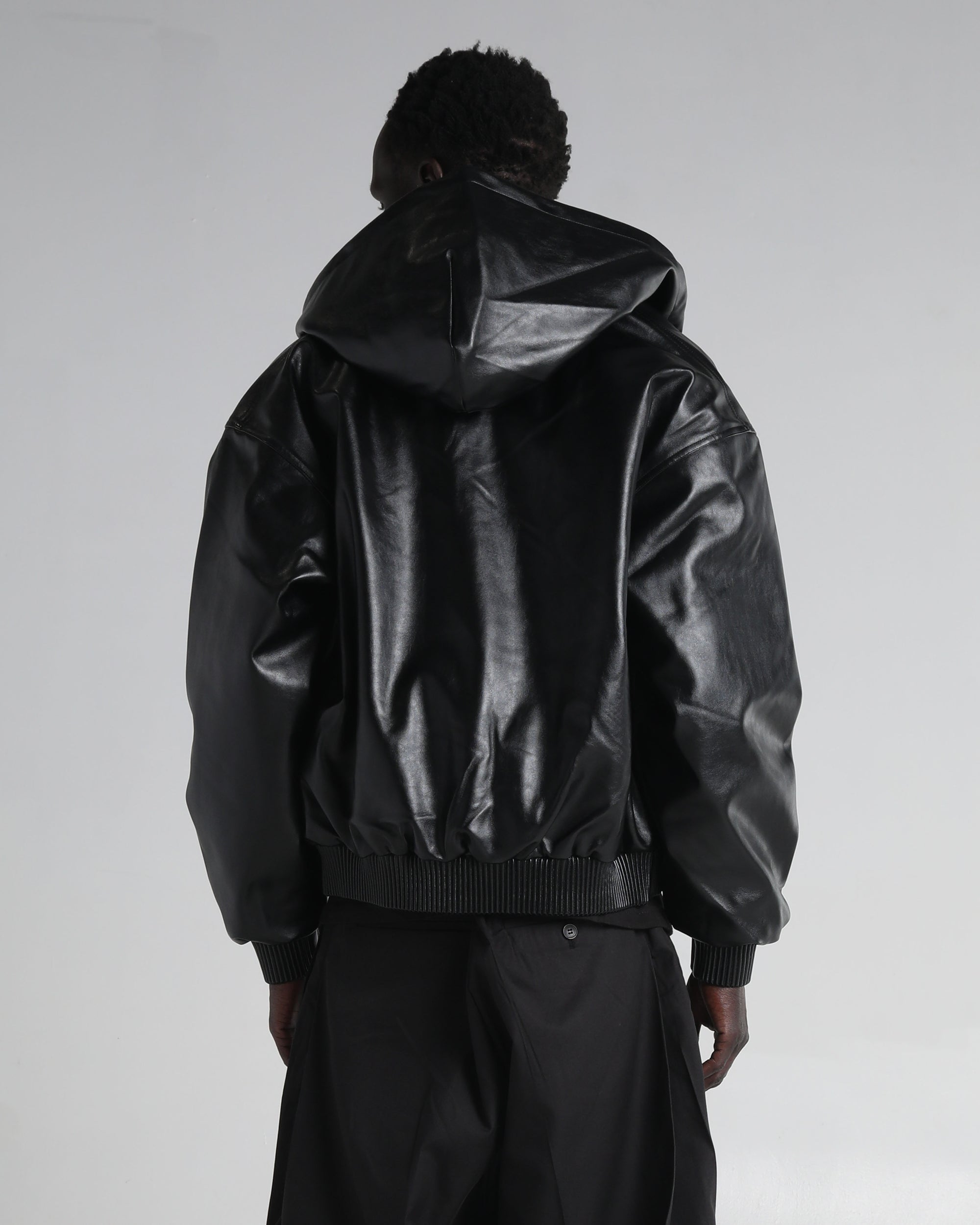Hooded Faux Leather Bomber