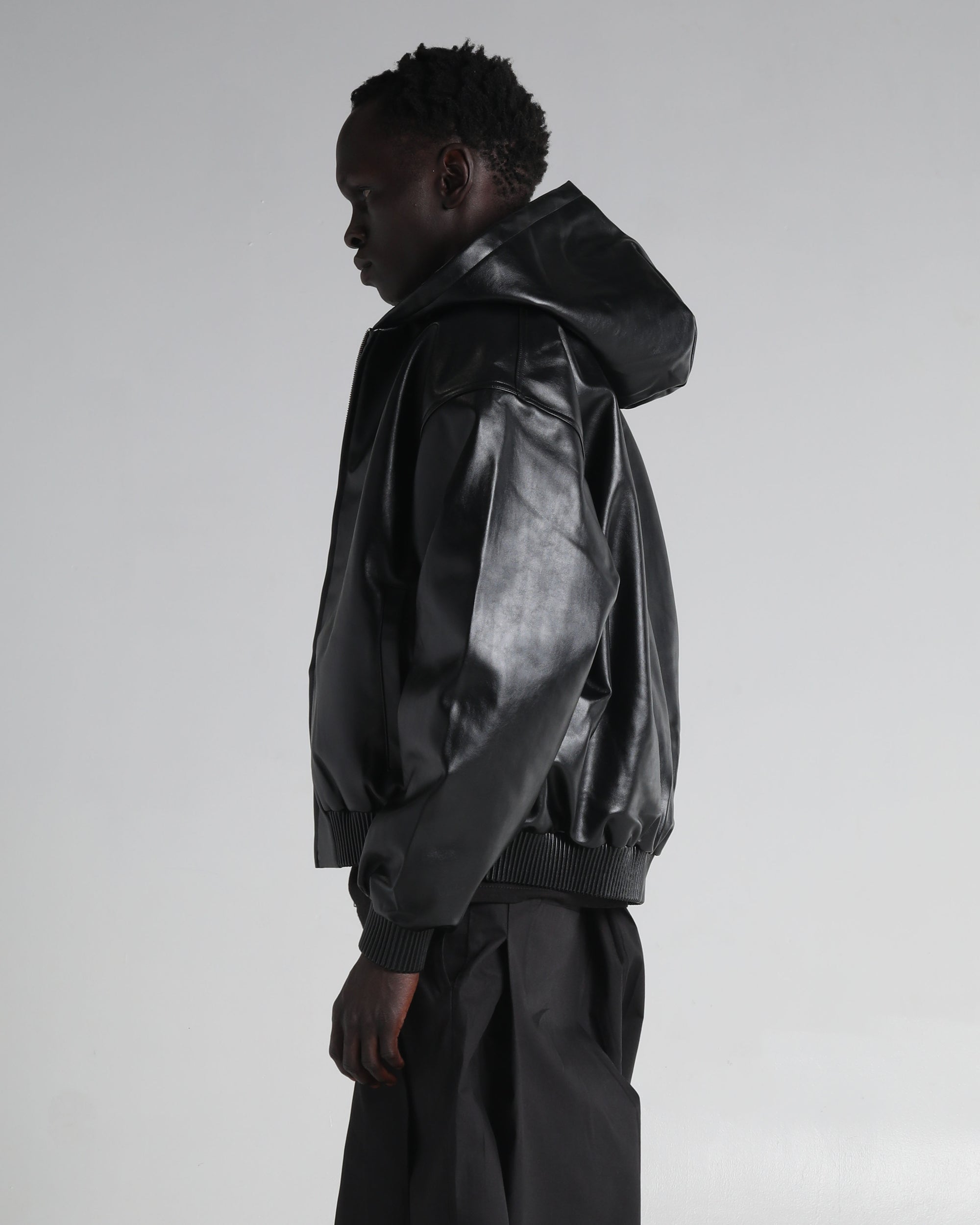 Hooded Faux Leather Bomber