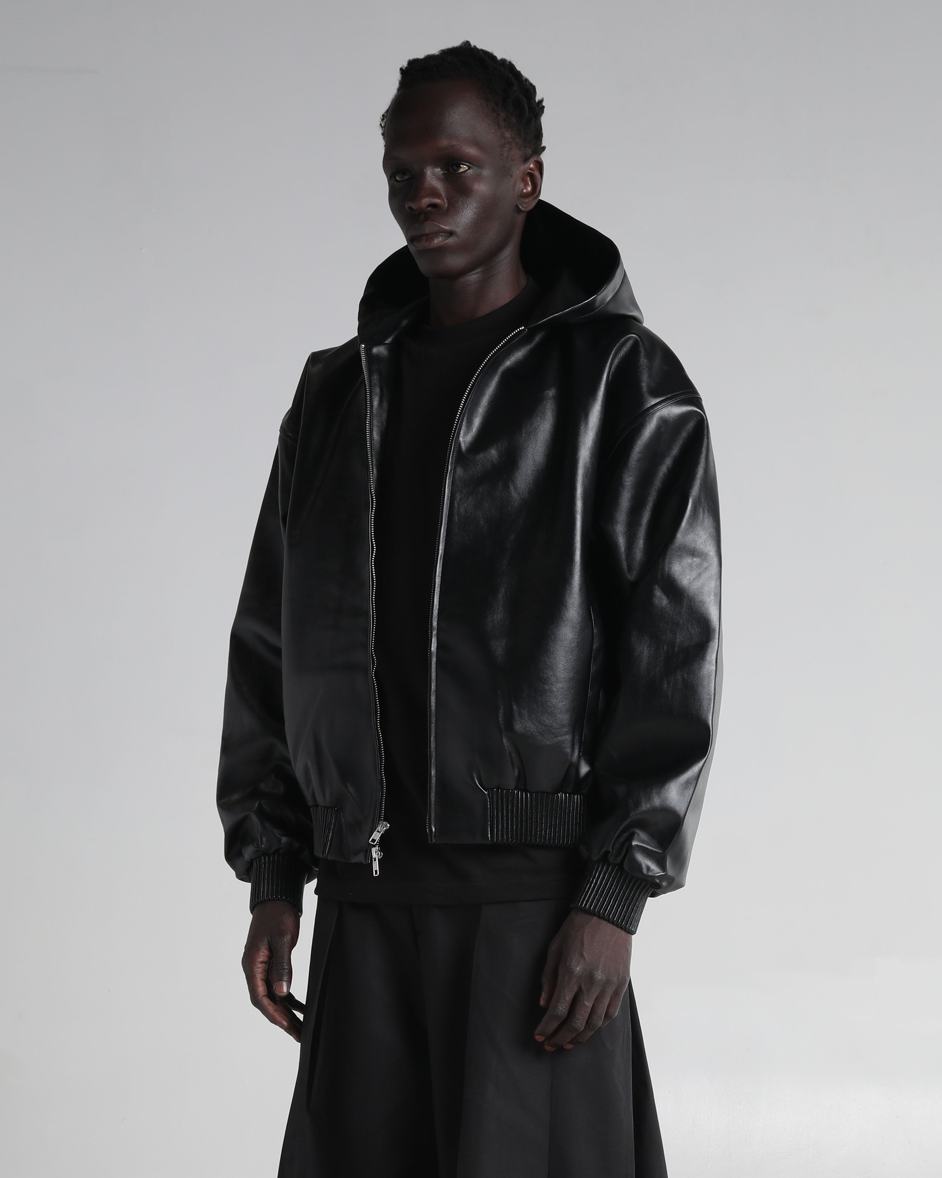 Hooded Faux Leather Bomber