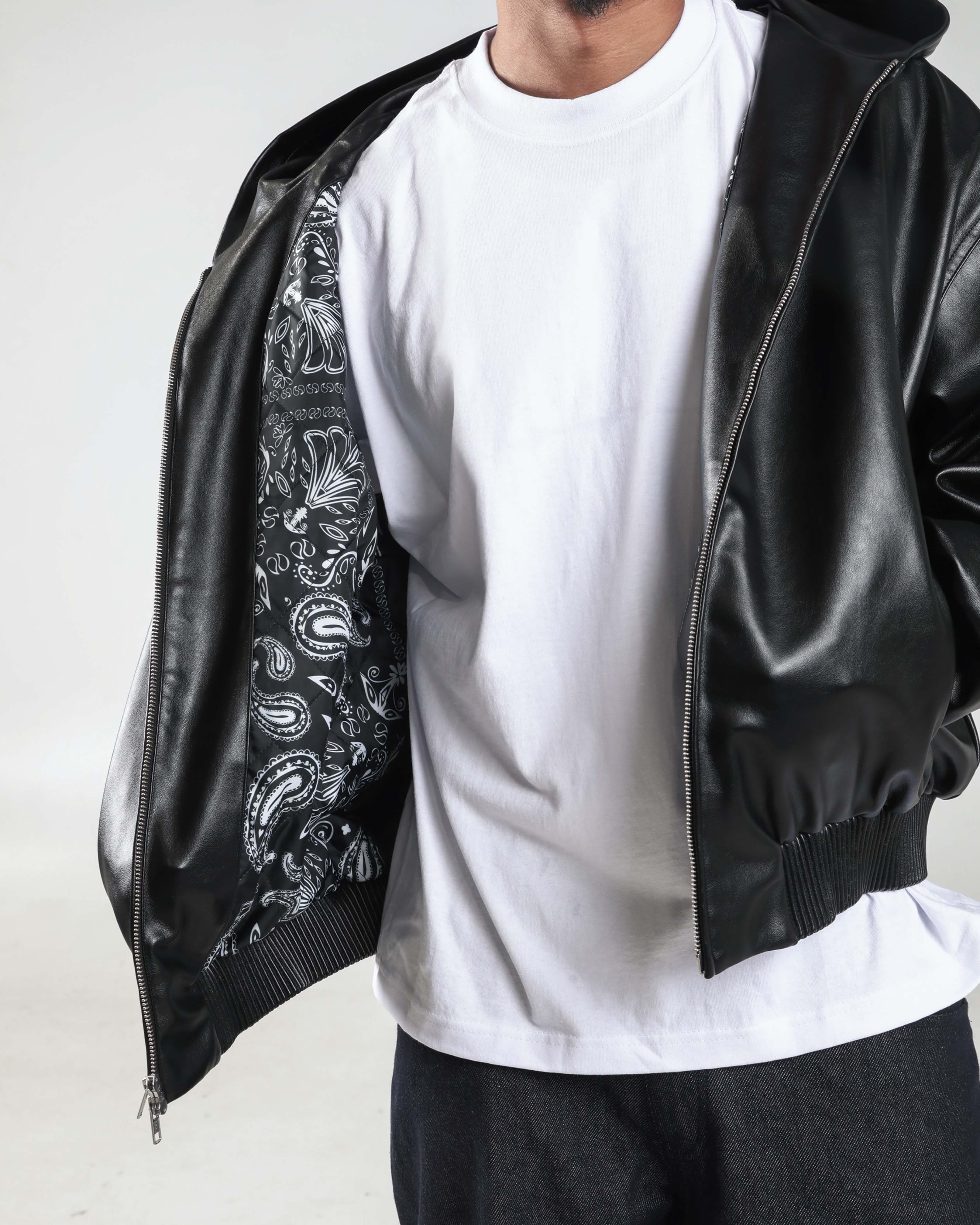 Hooded Faux Leather Bomber