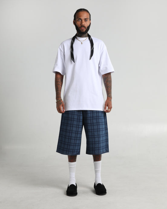 Lasered Plaid Denim Shorts