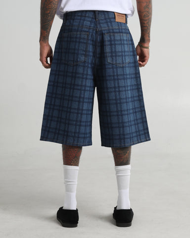 Lasered Plaid Denim Shorts
