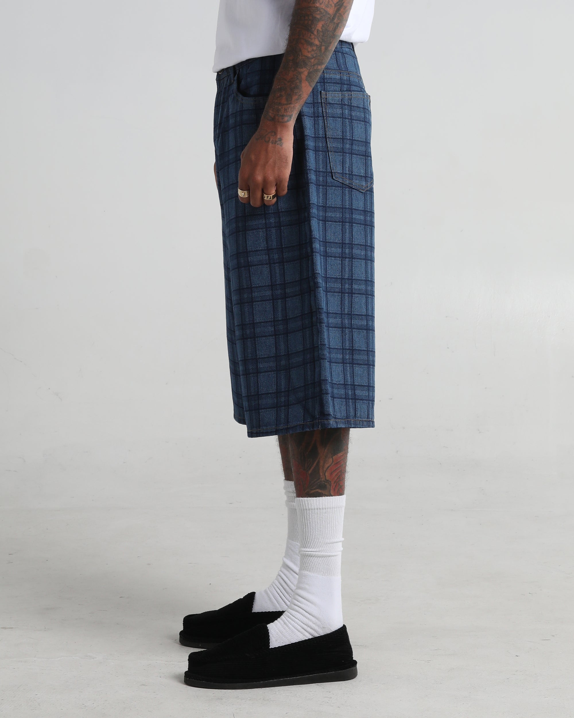 Lasered Plaid Denim Shorts
