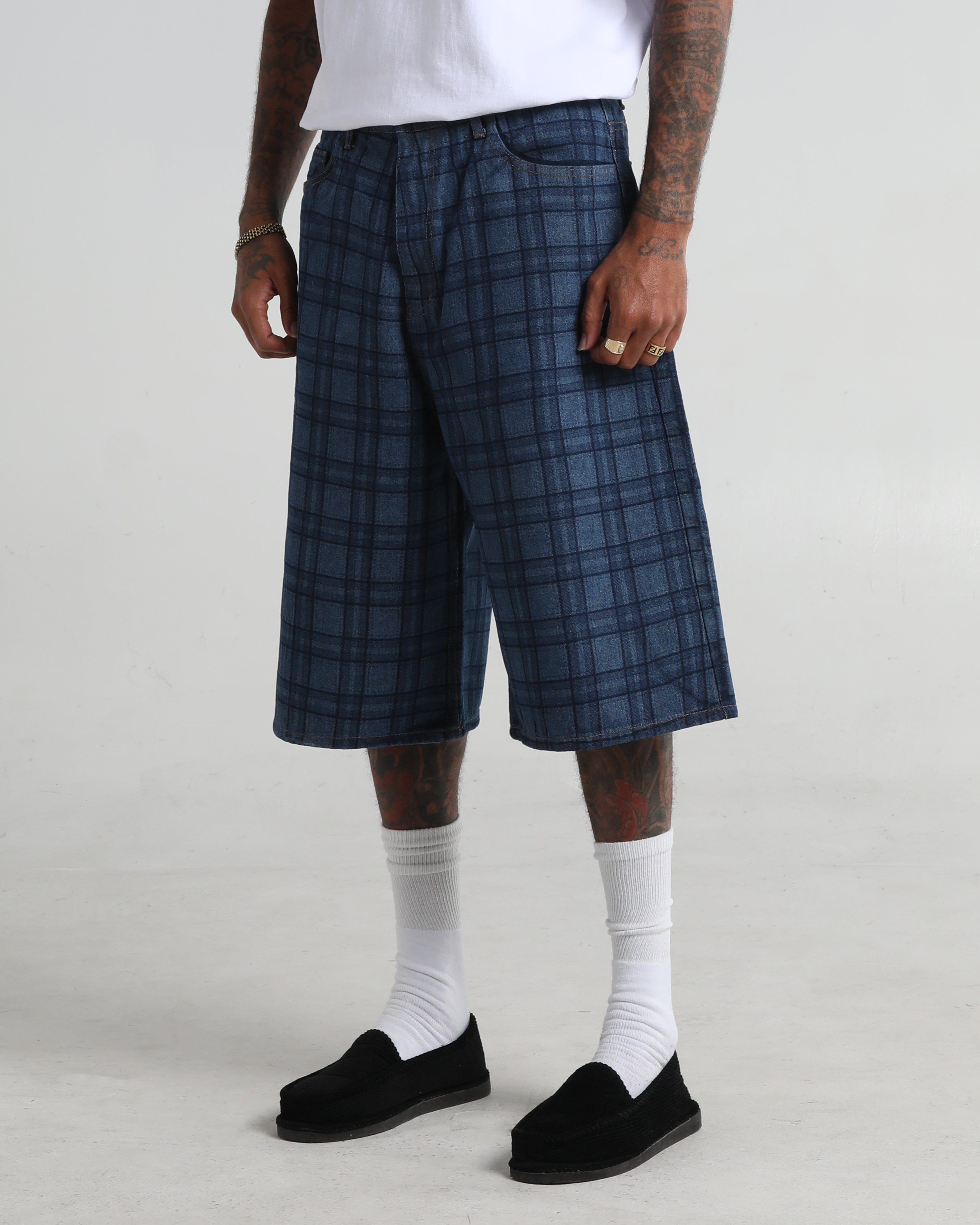 Lasered Plaid Denim Shorts