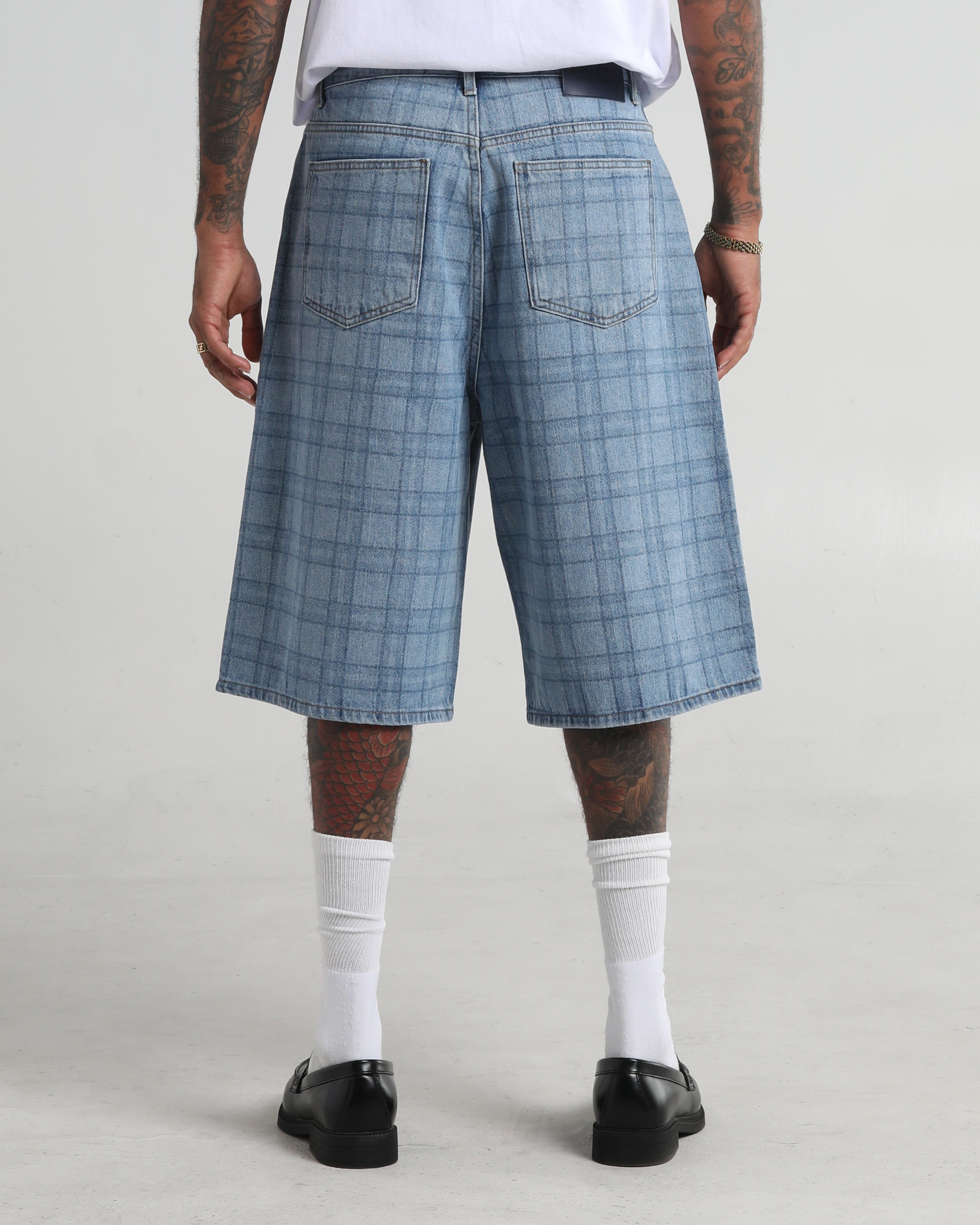 Lasered Plaid Denim Shorts