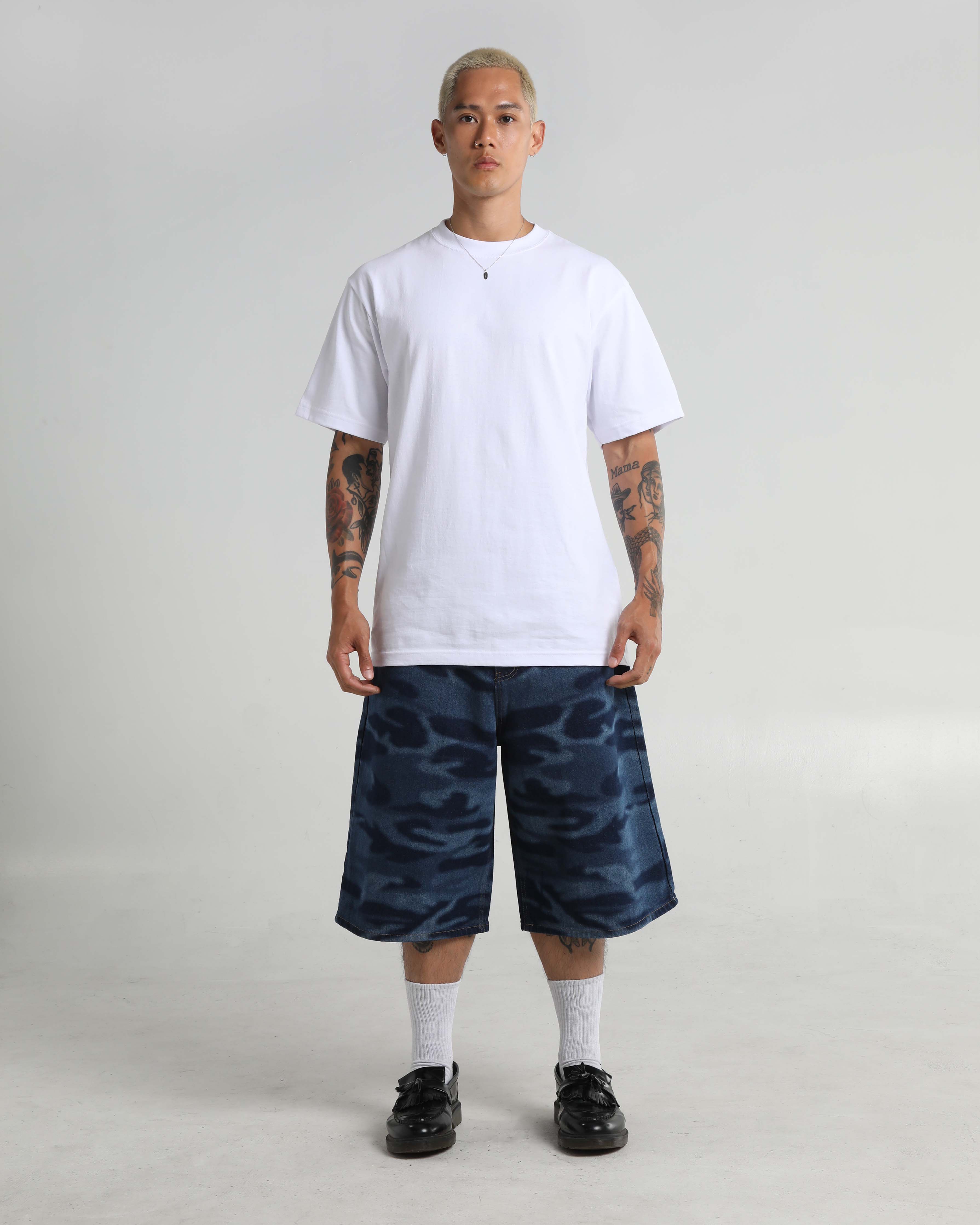 Lasered Camo Denim Shorts