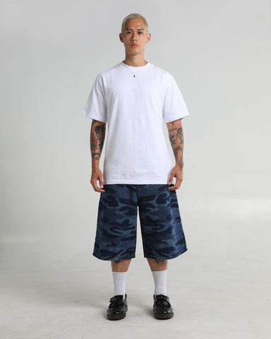 Lasered Camo Denim Shorts