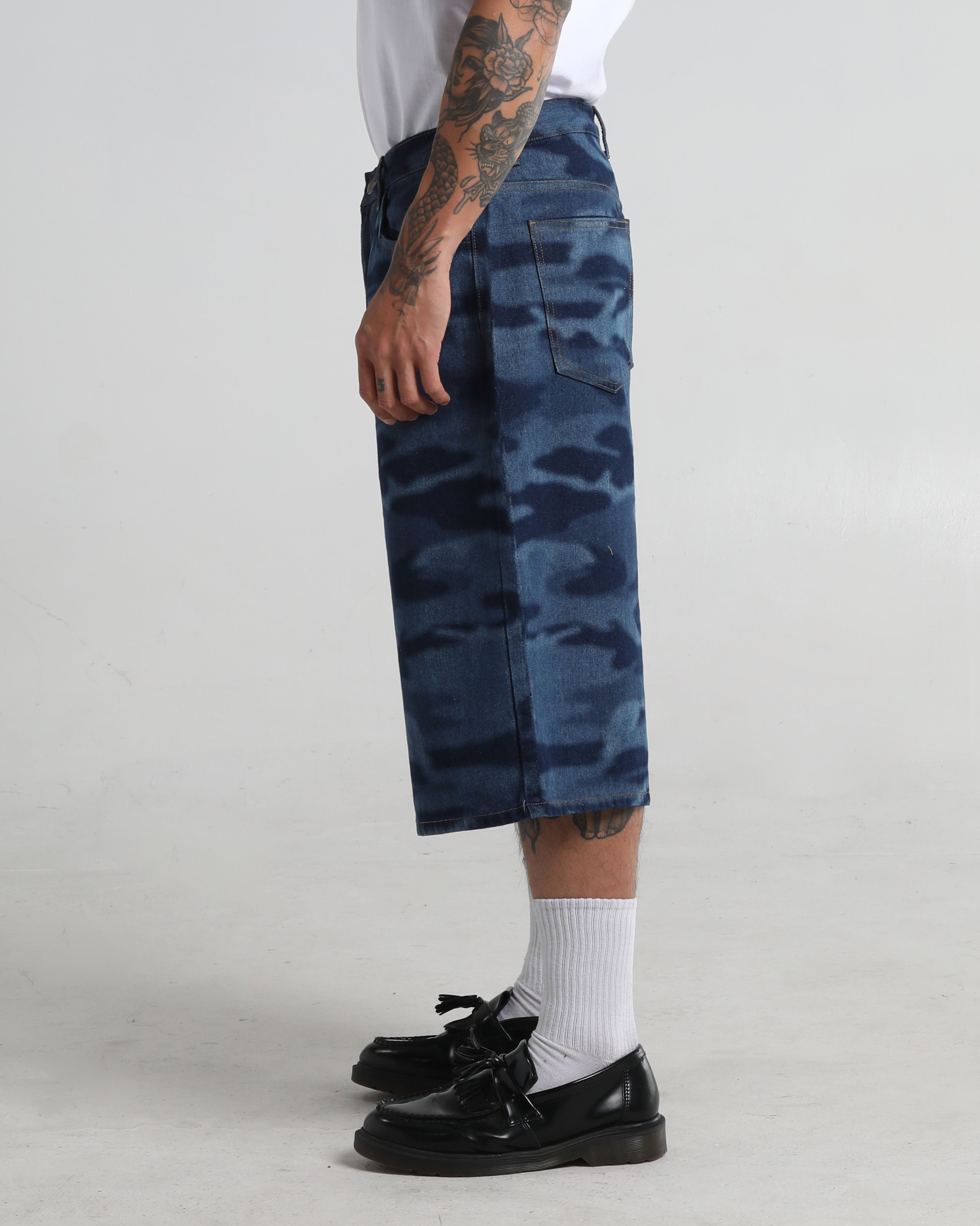 Lasered Camo Denim Shorts