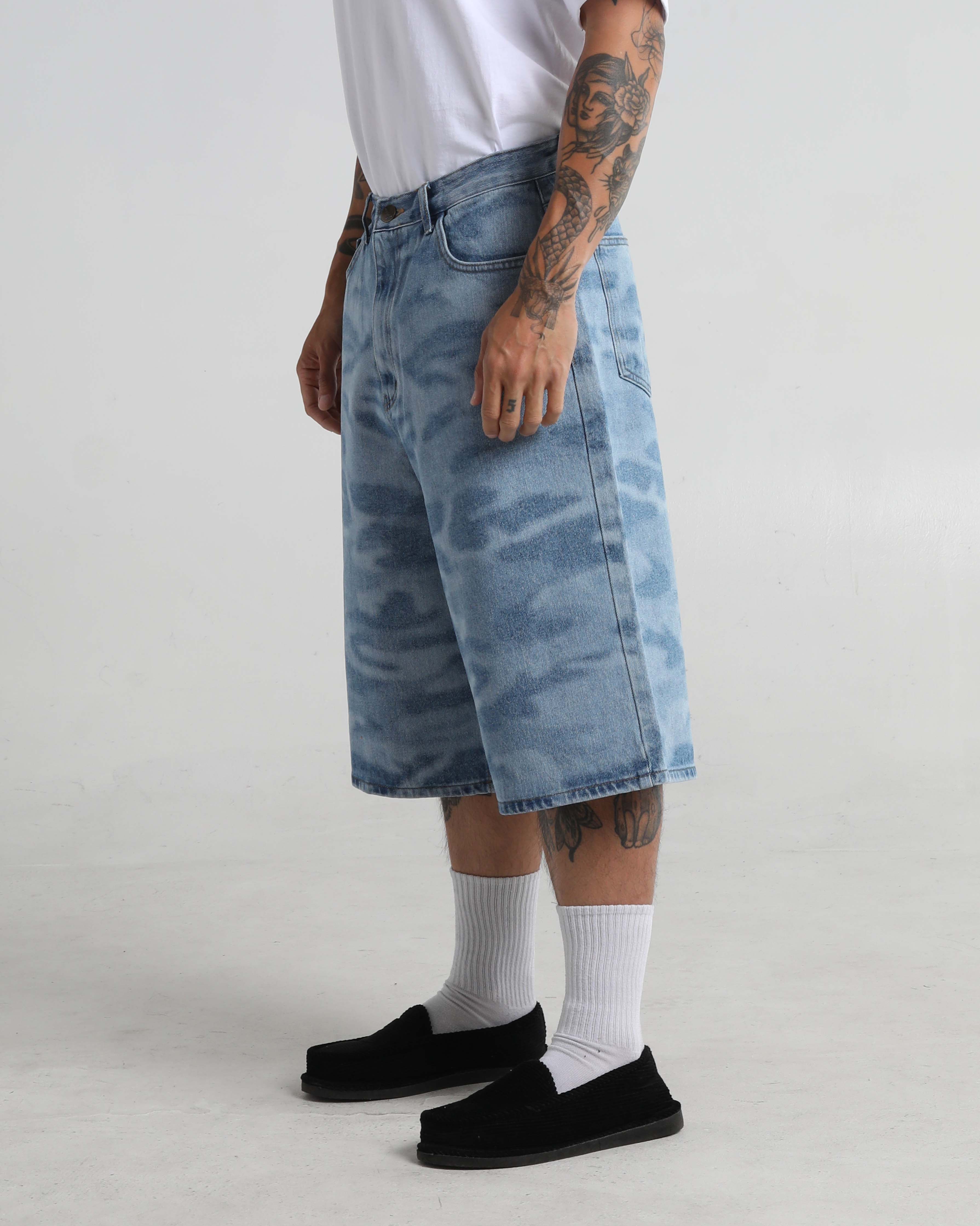 Lasered Camo Denim Shorts