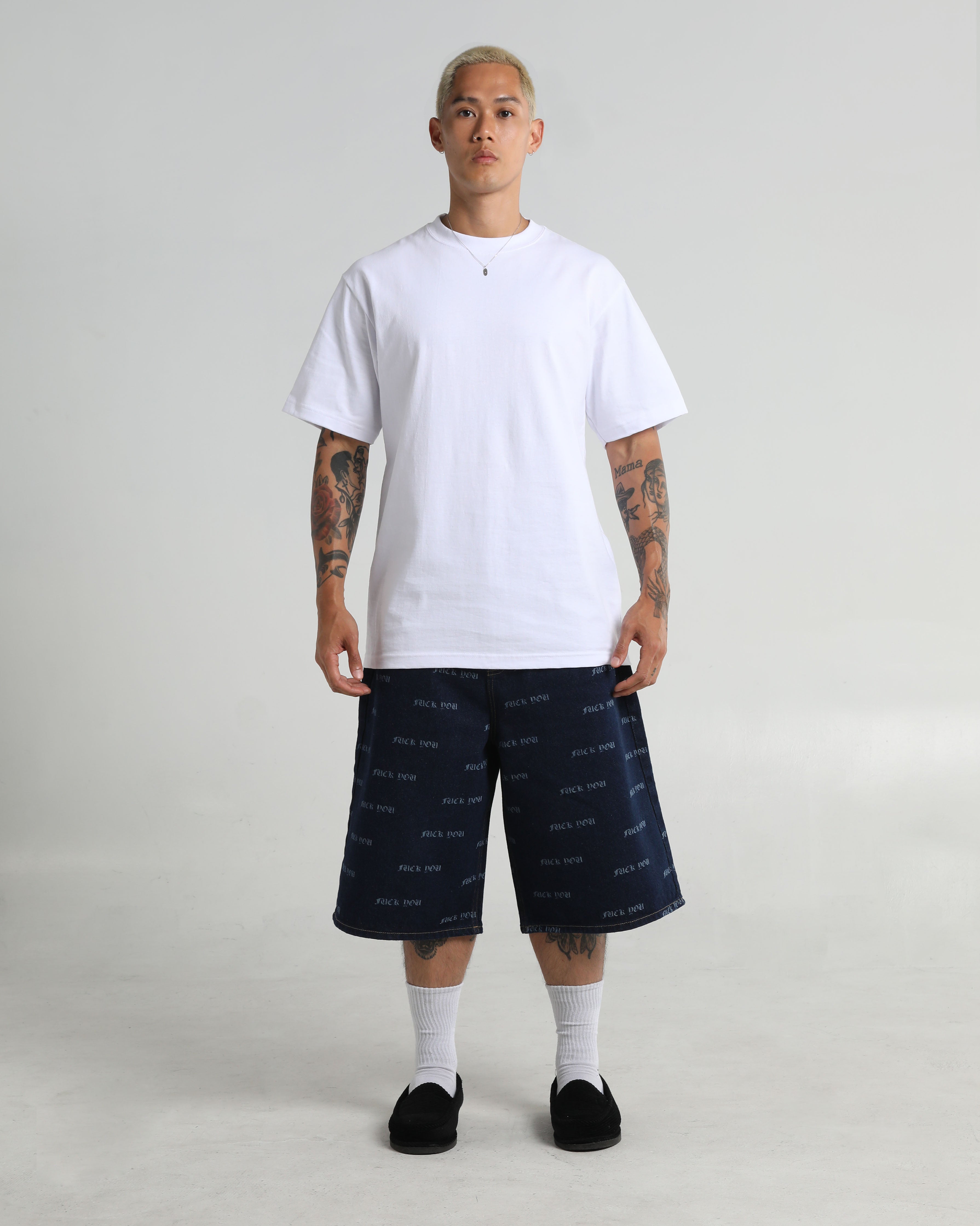 Lasered Fuck You Denim Shorts