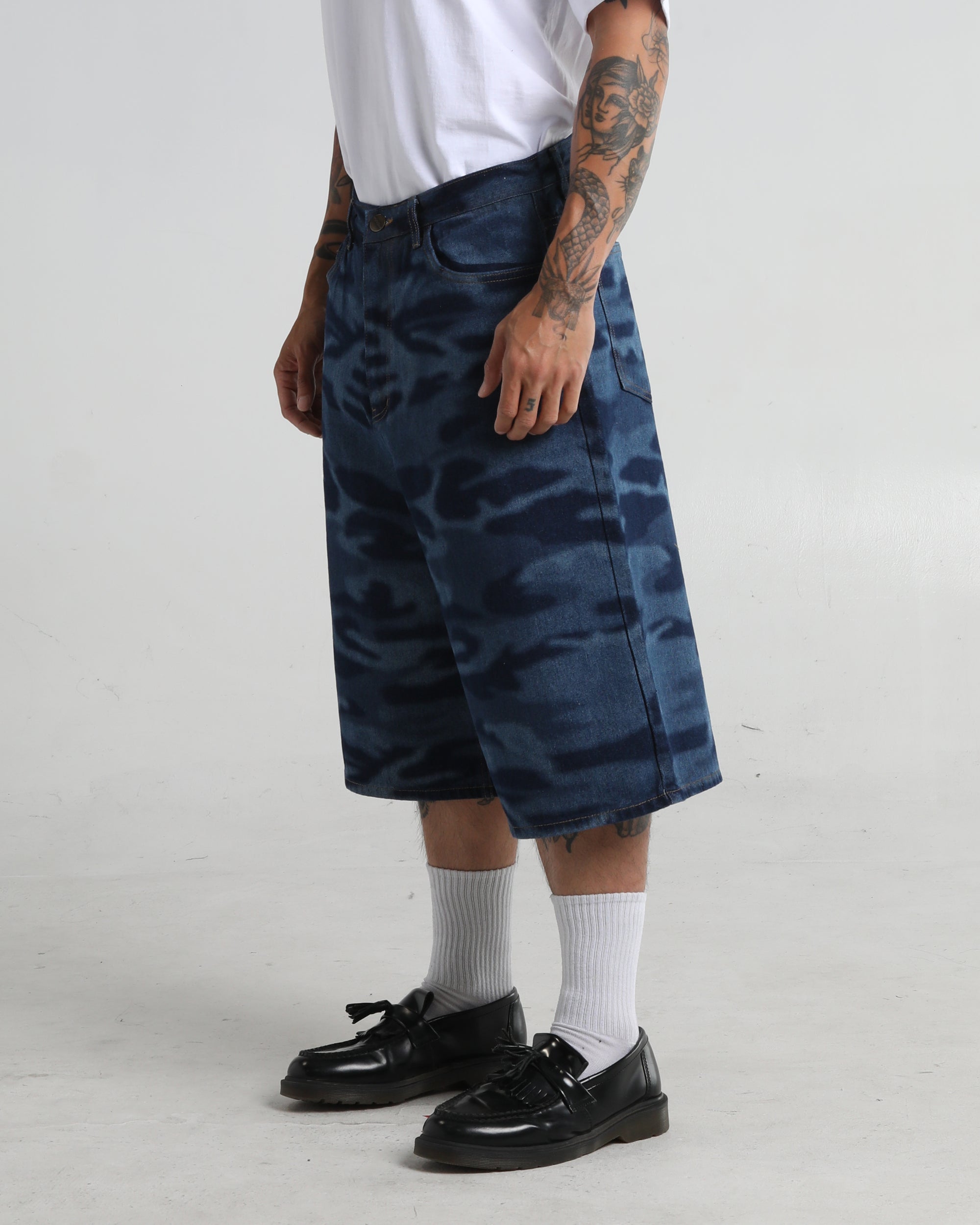 Laser Camo Denim Shorts