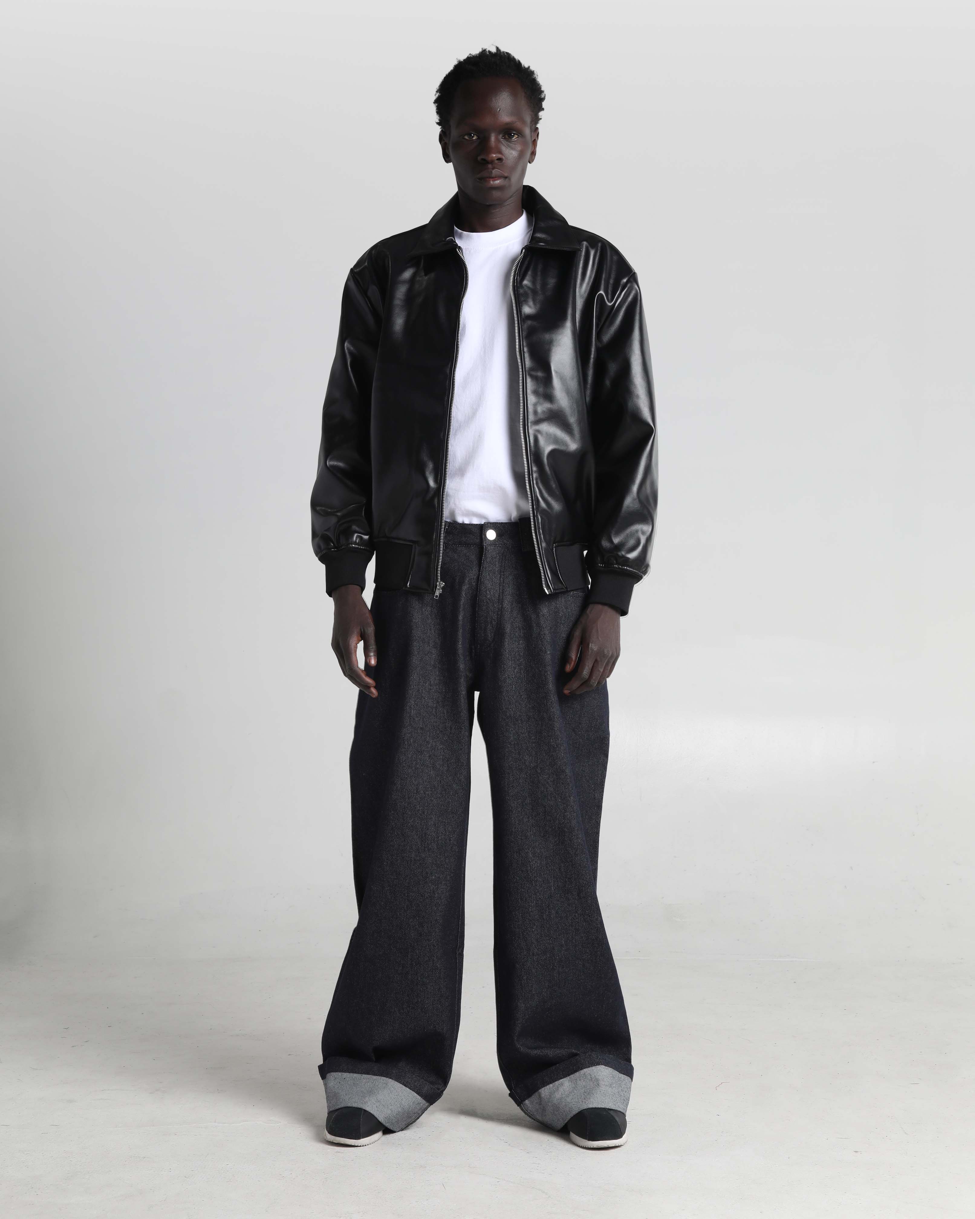 PU Leather Collared Varsity Jacket