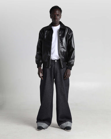 PU Leather Collared Varsity Jacket