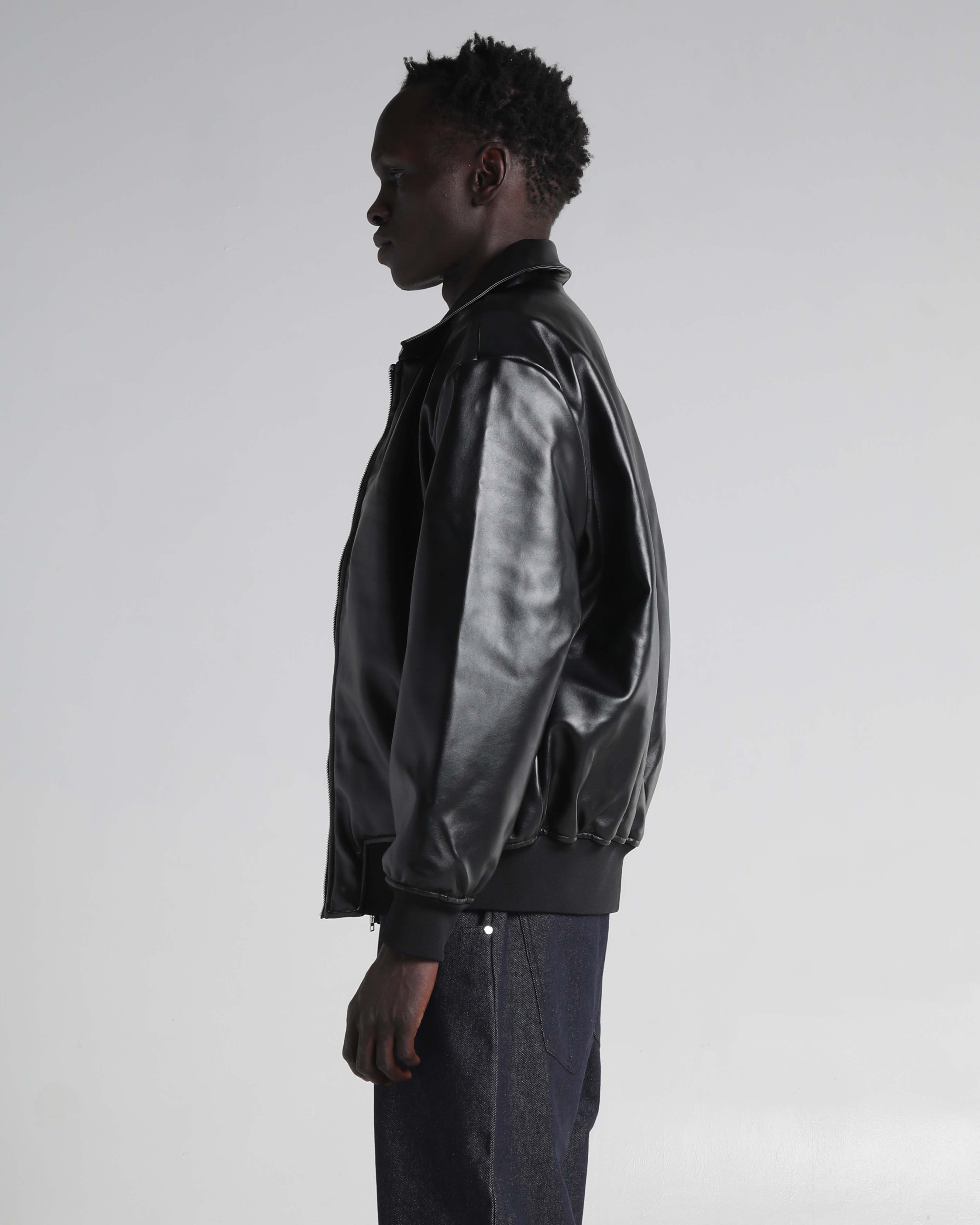 PU Leather Collared Varsity Jacket