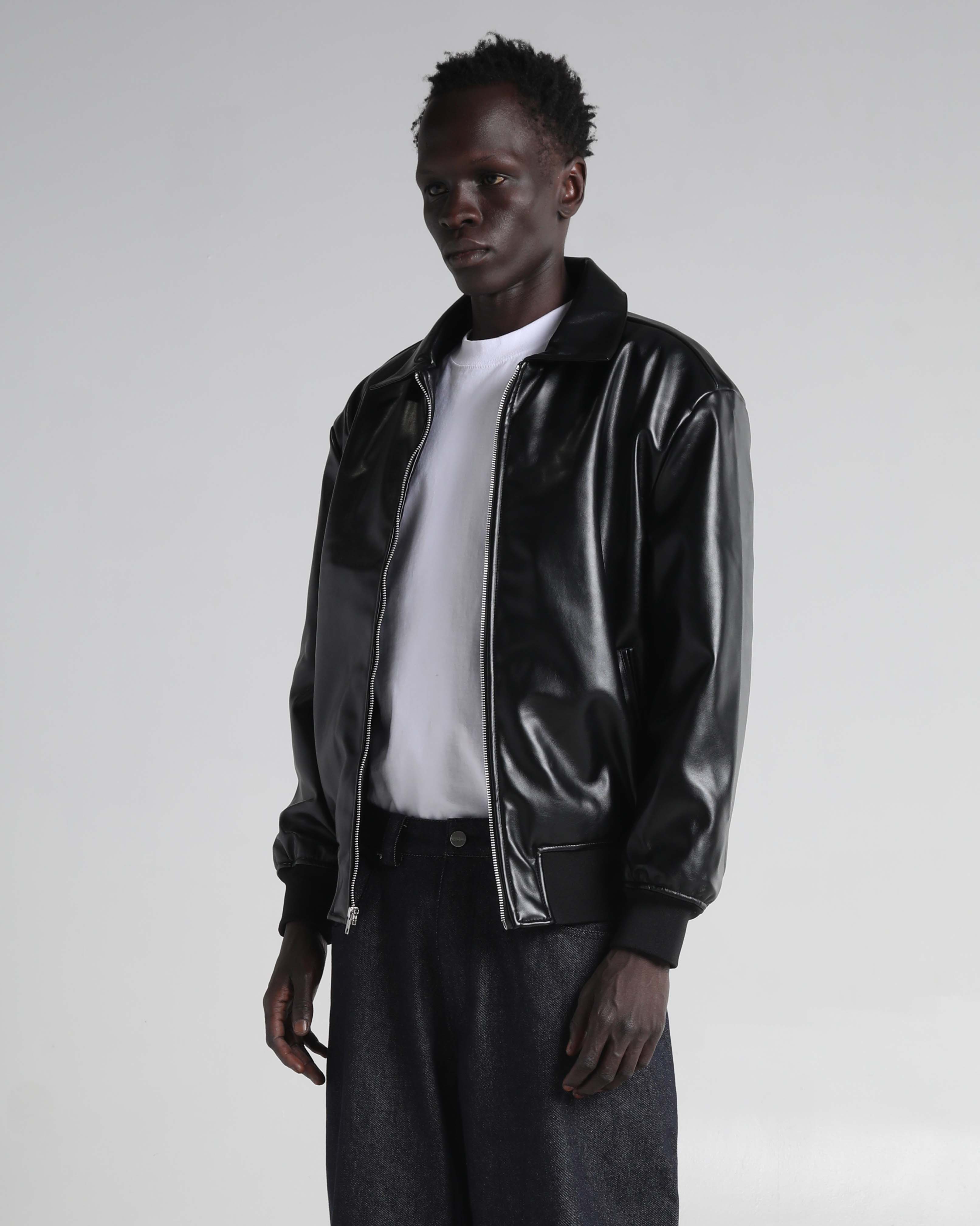 PU Leather Collared Varsity Jacket